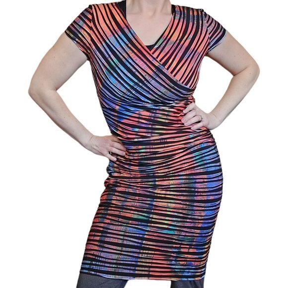 Joseph Ribkoff‎ Rainbow Faux Wrap Bodycon Dress multi color $229 Size 6 8